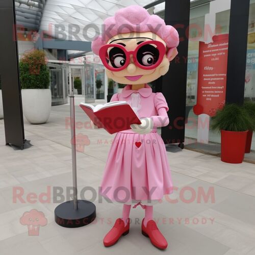 Mascotte Redbrokoly De Personnage De Lettre D'amour Rose Habillée D'une Robe Droite Et De Lunettes De Lecture
