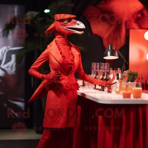 Personnage De Costume De Mascotte Redbrokoly Velociraptor Rouge Habillé D'une Robe De Cocktail Et De Ceintures De Smoking
