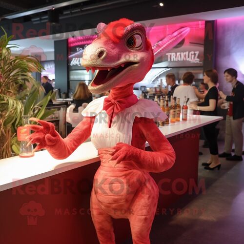 Personnage De Costume De Mascotte Redbrokoly Velociraptor Rouge Habillé D'une Robe De Cocktail Et De Ceintures De Smoking