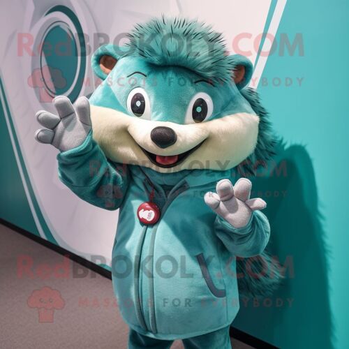 Personnage De Costume De Mascotte Redbrokoly De Hérisson Bleu Sarcelle Habillé D'un T-Shirt À Col En V Et De Gants
