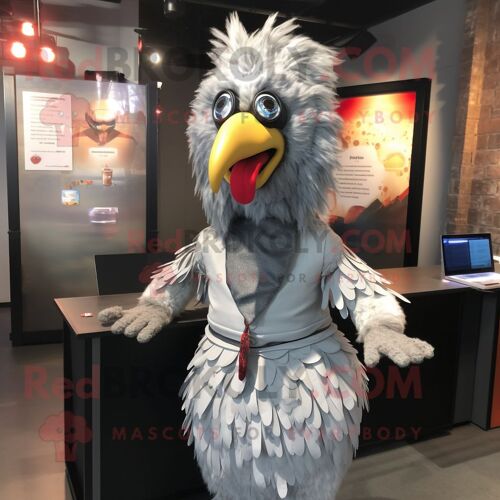 Personnage De Costume De Mascotte Redbrokoly De Poulet Tandoori Argenté Habillé D'une Chemise De Ville Et De Pinces À Cheveux