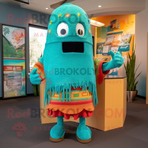 Personnage De Costume De Mascotte Redbrokoly Enchiladas Turquoise Habillé D'un Pull Et De Chapeaux