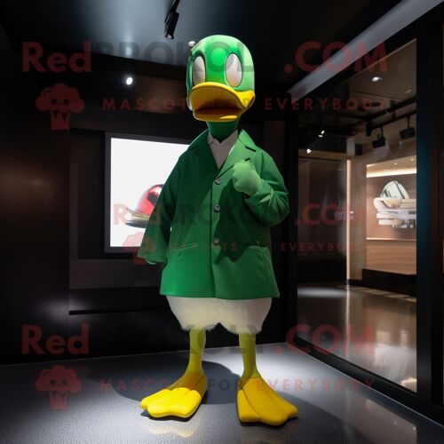 Personnage De Costume De Mascotte Redbrokoly De Canard Vert Habillé D'un Pantalon Et De Boutons De Manchette