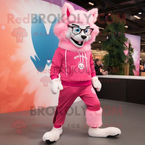 Personnage De Costume De Mascotte Redbrokoly De Loup Rose Habillé D'un Legging Et De Lunettes