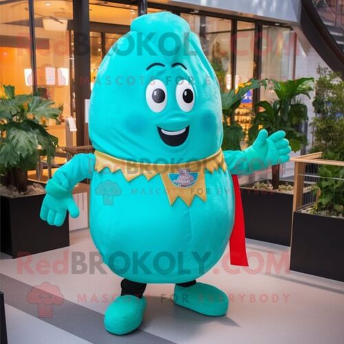 Personnage De Costume De Mascotte Redbrokoly De Pomme De Terre Turquoise Habillé D'une Combinaison Et De Gants