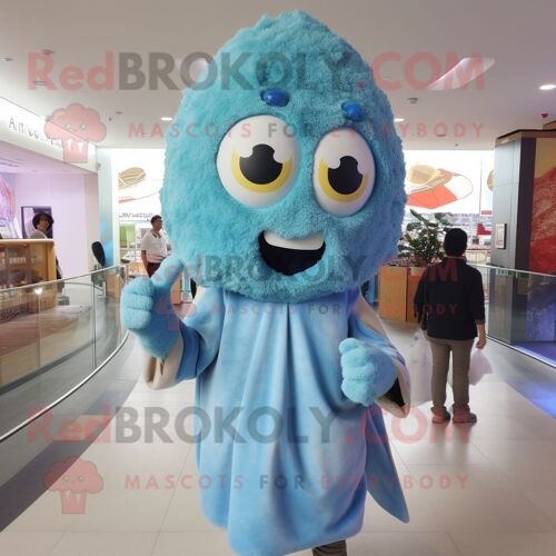 Personnage De Costume De Mascotte Redbrokoly De Calamars Frits Bleu Ciel Habillé D'un Coupe-Vent Et De Clips D'écharpe