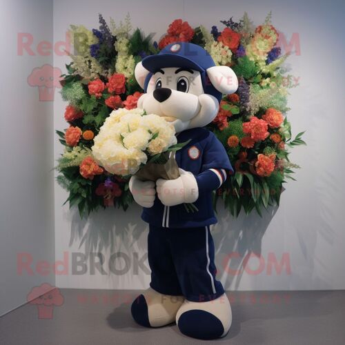 Personnage De Costume De Mascotte Redbrokoly De Bouquet De Fleurs Bleu Marine Habillé D'un Tee-Shirt De Baseball Et De Porte-Documents