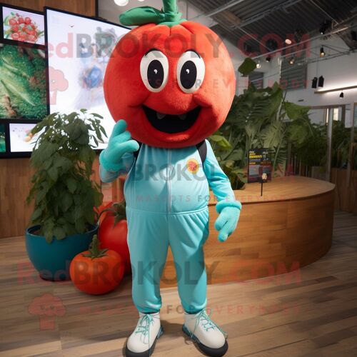 Personnage De Costume De Mascotte Redbrokoly De Tomate Turquoise Habillé D'un Jogging Et De Bretelles