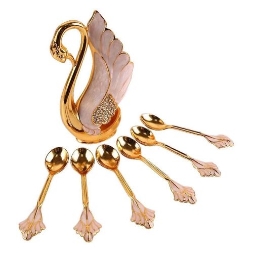 Cuillère À Dessert De Café En Métal De Luxe Support De Base De Cygne Avec 6 Cuillères À Crème Glacée