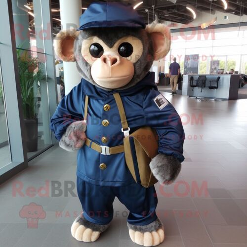 Personnage De Costume De Mascotte Redbrokoly De Singe Capucin Bleu Marine Habillé D'une Couverture Et De Sacs À Dos