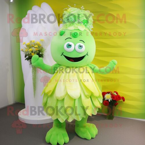 Personnage De Costume De Mascotte Redbrokoly Arc-En-Ciel Vert Citron Vêtu D'une Robe De Mariée Et D'épingles À Cheveux