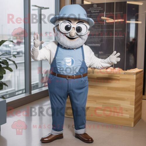 Costume De Mascotte Redbrokoly Bagels Argentés Habillé D'une Chemise Chambray Et De Lunettes