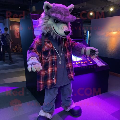 Personnage De Costume De Mascotte Redbrokoly De Loup-Garou Violet Habillé D'une Chemise En Flanelle Et De Bonnets