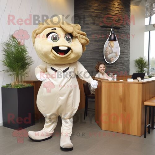 Costume De Mascotte Redbrokoly De Personnage De Fish And Chips Beige Habillé D'un Chemisier Et De Montres
