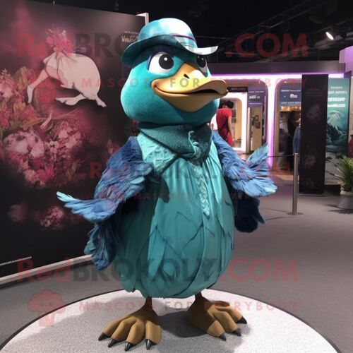 Personnage De Costume De Mascotte Redbrokoly De Pigeon Bleu Sarcelle Habillé D'une Mini Robe Et De Chapeaux