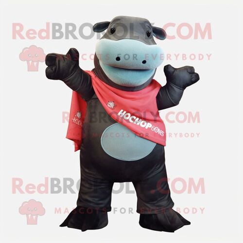Mascotte Redbrokoly De Personnage D'hippopotame Noir Habillé D'un Jean Flare Et De Ceintures De Smoking