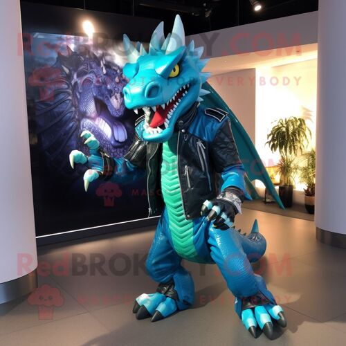 Personnage De Costume De Mascotte Redbrokoly De Dragon Cyan Habillé D'une Veste De Moto Et De Pinces À Chaussures