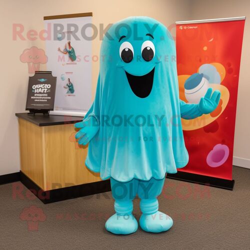 Personnage De Costume De Mascotte Redbrokoly Turquoise Ghost Habillé D'un Pantacourt Et De Porte-Monnaie