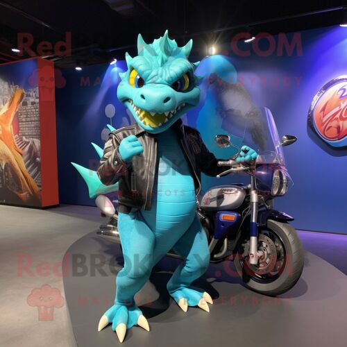 Personnage De Costume De Mascotte Redbrokoly De Dragon Cyan Habillé D'une Veste De Moto Et De Pinces À Chaussures