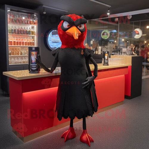 Personnage De Costume De Mascotte Redbrokoly De Merle Rouge Habillé D'une Robe De Cocktail Et De Gants
