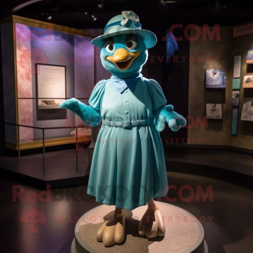 Personnage De Costume De Mascotte Redbrokoly De Pigeon Bleu Sarcelle Habillé D'une Mini Robe Et De Chapeaux
