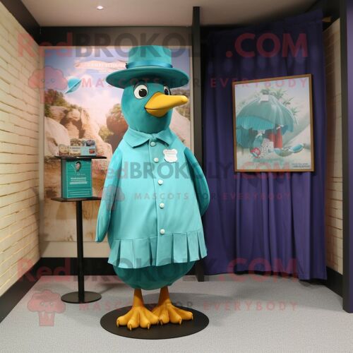 Personnage De Costume De Mascotte Redbrokoly De Pigeon Bleu Sarcelle Habillé D'une Mini Robe Et De Chapeaux