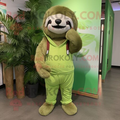 Mascotte Redbrokoly De Personnage De Paresseux Vert Habillé D'un Pantalon Habillé Et De Lacets