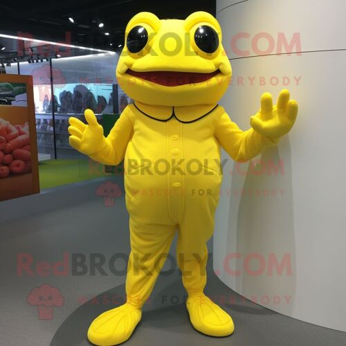 Personnage De Costume De Mascotte Redbrokoly De Grenouille Jaune Habillé D'une Combinaison Et De Coussinets Pour Les Pieds