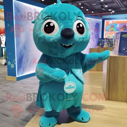 Personnage De Costume De Mascotte Redbrokoly De Phoque Turquoise Habillé D'une Mini Robe Et De Bandeaux