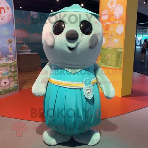 Personnage De Costume De Mascotte Redbrokoly De Phoque Turquoise Habillé D'une Mini Robe Et De Bandeaux