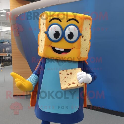 Personnage De Costume De Mascotte Redbrokoly Blue Grilled Cheese Sandwich Habillé D'un Gilet Et De Lunettes