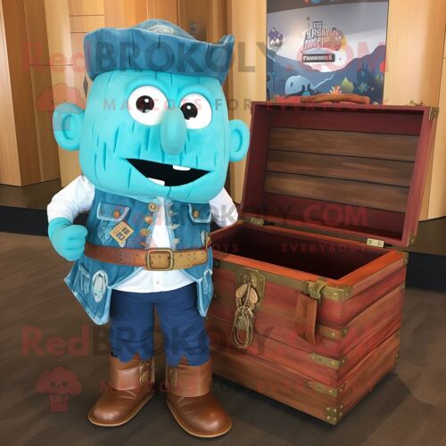 Personnage De Costume De Mascotte Redbrokoly De Coffre Au Trésor Turquoise Habillé D'une Chemise En Chambray Et De Broches