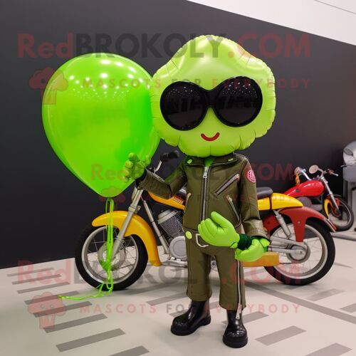 Personnage De Costume De Mascotte Redbrokoly De Ballons En Forme De Coeur Vert Citron Vêtu D'une Veste De Moto Et De Lunettes De Soleil