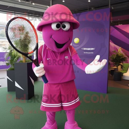 Personnage De Costume De Mascotte Redbrokoly De Raquette De Tennis Magenta Habillé D'un T-Shirt À Manches Longues Et D'épingles À Chapeau