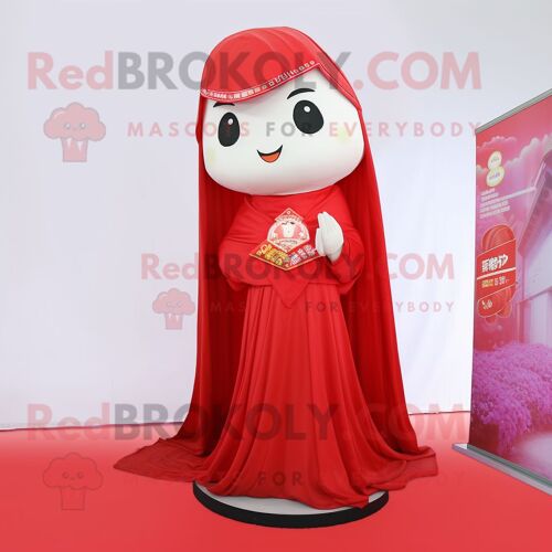 Personnage De Costume De Mascotte Redbrokoly Pho Rouge Habillé D'une Robe De Mariée Et De Châles