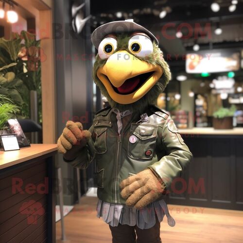 Personnage De Costume De Mascotte Redbrokoly De Poules Olive Habillé D'une Veste En Cuir Et De Bretelles