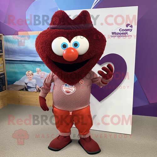 Personnage De Costume De Mascotte Redbrokoly Maroon Heart Habillé D'un Bermuda Et De Bandeaux