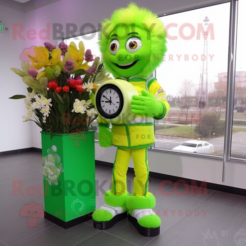 Personnage De Costume De Mascotte Redbrokoly De Bouquet De Fleurs Vert Citron Vêtu D'une Veste Et De Montres Numériques