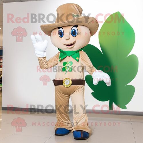 Personnage De Costume De Mascotte Redbrokoly De Trèfle À Quatre Feuilles Beige Vêtu D'un Jean Skinny Et D'anneaux