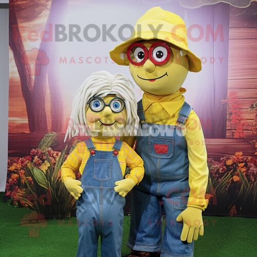 Mascotte Redbrokoly De Personnage D'épouvantail Jaune Habillé D'un Jean Mom Et De Lunettes