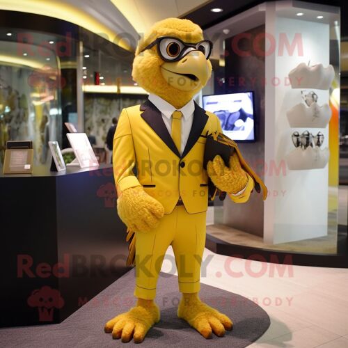 Personnage De Costume De Mascotte Redbrokoly De Faucon D'or Habillé D'un Pantalon De Costume Et De Sacs À Main