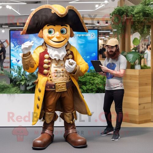 Mascotte Redbrokoly De Personnage De Pirate Doré Habillé D'un Jean Boyfriend Et De Montres Digitales