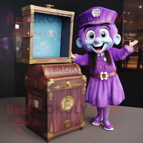 Personnage De Costume De Mascotte Redbrokoly De Coffre Au Trésor Violet Habillé D'une Robe Droite Et De Montres Numériques