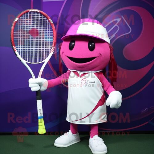 Personnage De Costume De Mascotte Redbrokoly De Raquette De Tennis Magenta Habillé D'un T-Shirt À Manches Longues Et D'épingles À Chapeau