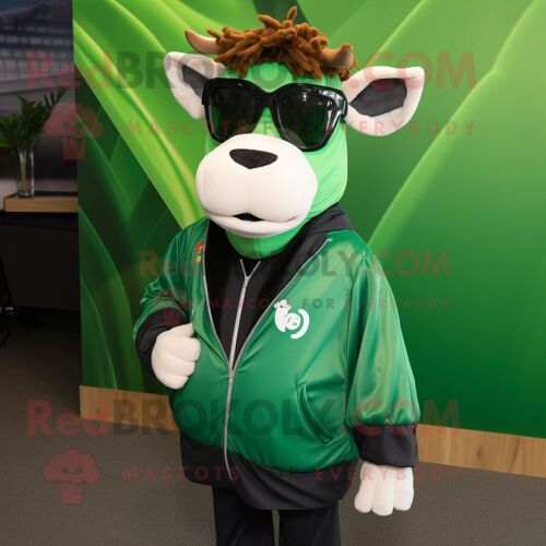 Personnage De Costume De Mascotte Redbrokoly De Vache Jersey Vert Forêt Habillé D'un Coupe-Vent Et De Lunettes De Soleil