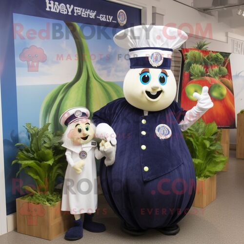 Personnage De Costume De Mascotte Redbrokoly D'oignon Bleu Marine Habillé D'une Robe Droite Et De Porte-Clés