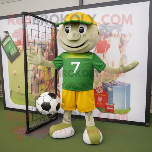 Personnage De Costume De Mascotte Redbrokoly Olive Soccer Goal Habillé Avec Une Chemise Henley Et Des Portefeuilles