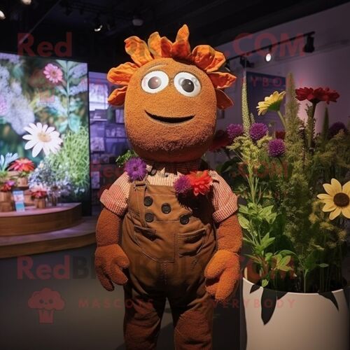 Personnage De Costume De Mascotte Redbrokoly De Bouquet De Fleurs De Rouille Habillé D'un Gilet Et De Bretelles