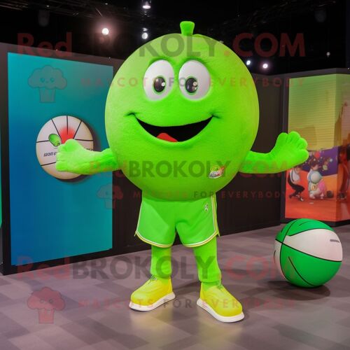 Personnage De Costume De Mascotte Redbrokoly De Balle De Volley-Ball Vert Citron Habillé D'un Gilet Et De Montres