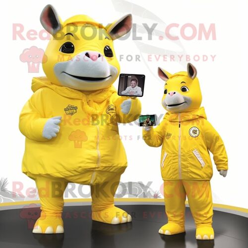 Personnage De Costume De Mascotte Redbrokoly De Rhinocéros Jaune Citron Habillé D'un Imperméable Et De Montres Intelligentes